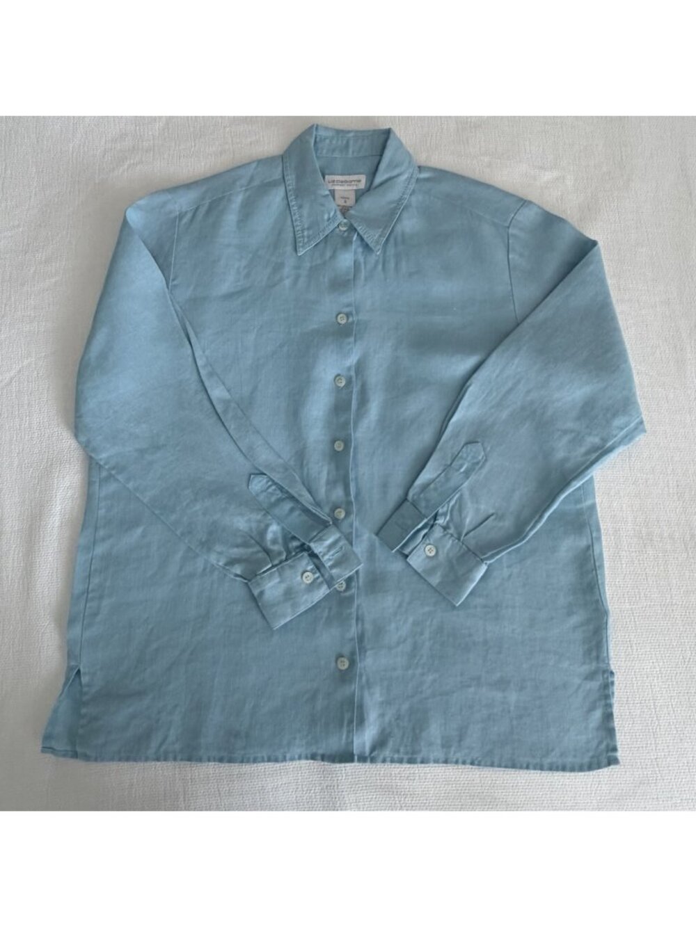 Liz Claiborne LizSport Petite S Blue/Green Linen Shirt Button Front Long Sleeve